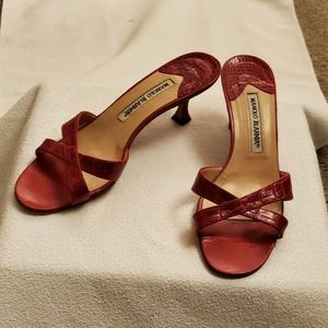 Manolo Blahnik Red Crocodile Kitten Heel Sandals